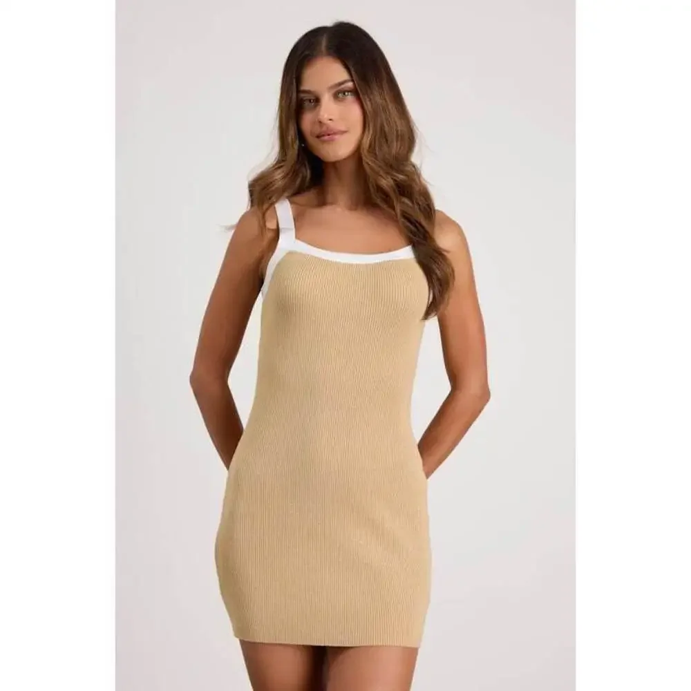 Lulus Effortless Influence Tan Ribbed Color Block Mini Sweater Dress Beige